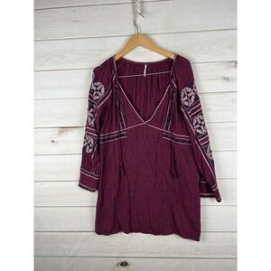 Free People Tunic Dress Womens Small‎ Purple Boho Embroidered Pockets Tassel Top